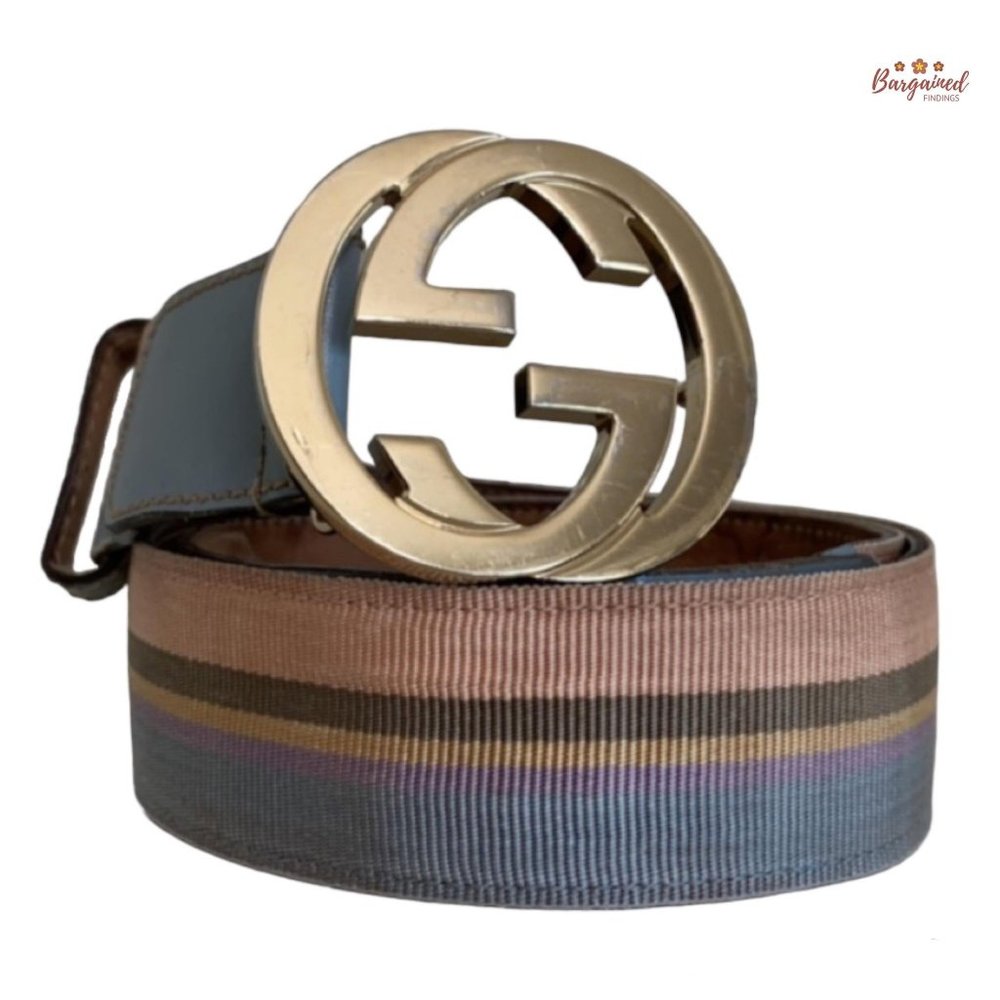 Authentic Gucci Multi Web Canvas Leather Gold Interlocking G Buckle Belt 85/34